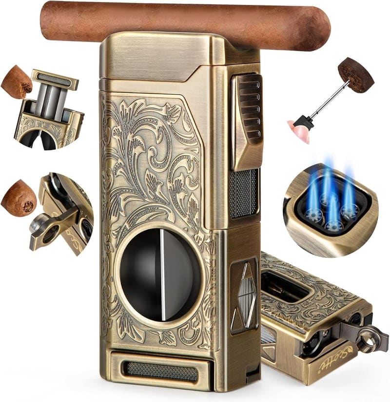 Cigar Lighter Set with V Cut Punch and Holder