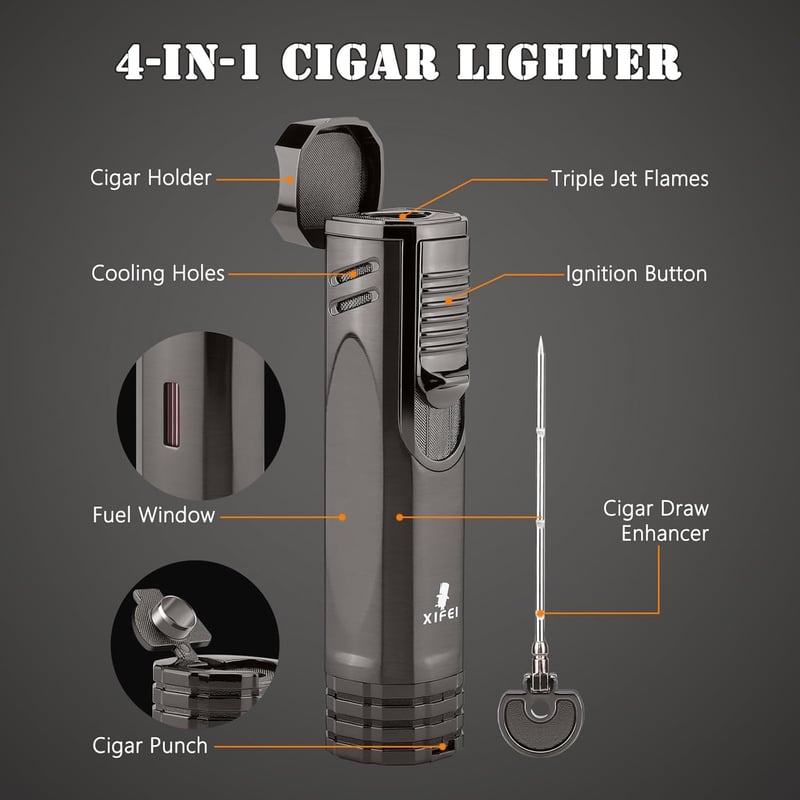 Cigar Lighter 4-in-1 Jet Flames with Puncher Stand