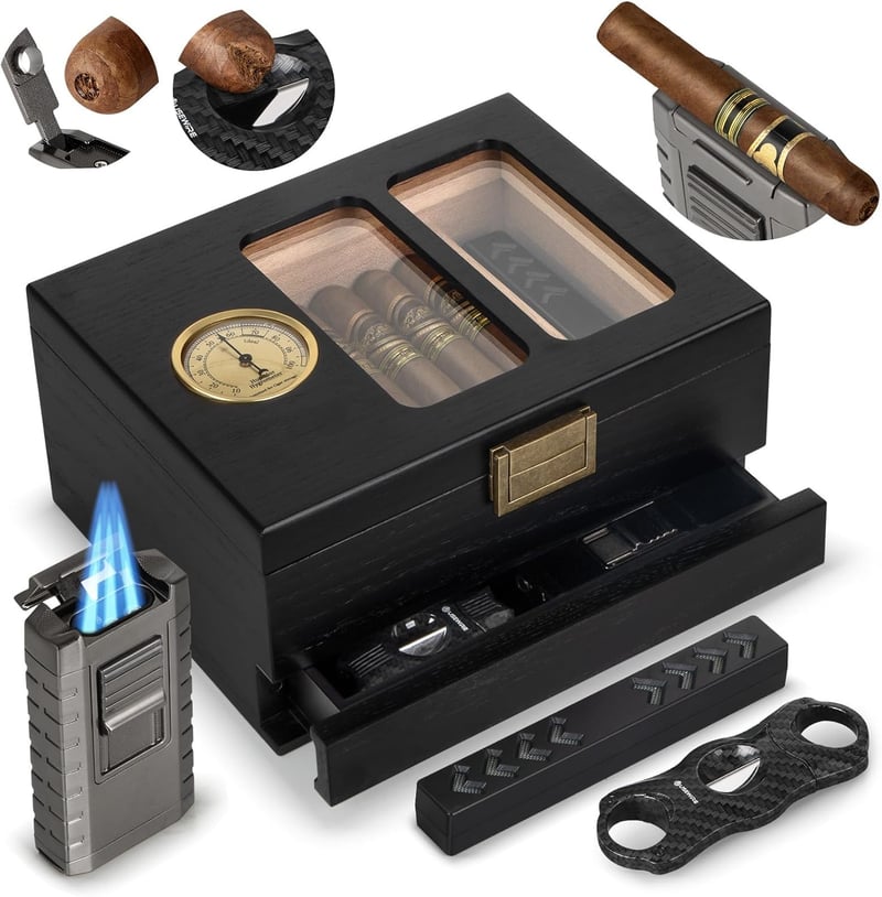 Glass-Top Cedar Cigar Humidor with Hygrometer & Accessories