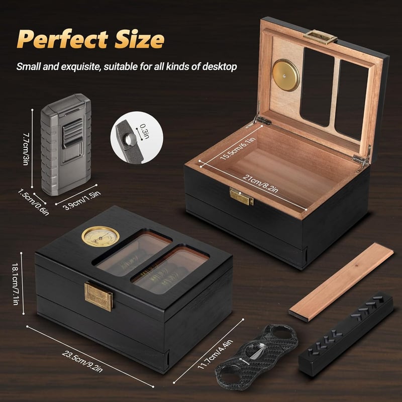 Glass-Top Cedar Cigar Humidor with Hygrometer & Accessories