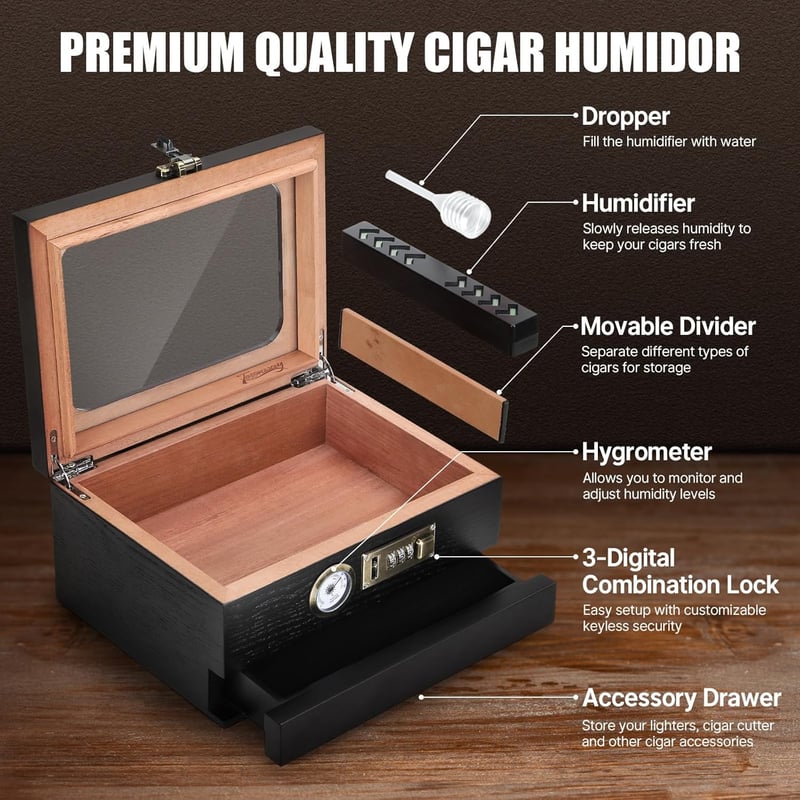 Cigar Humidor Gift for Men with Hygrometer & Lock