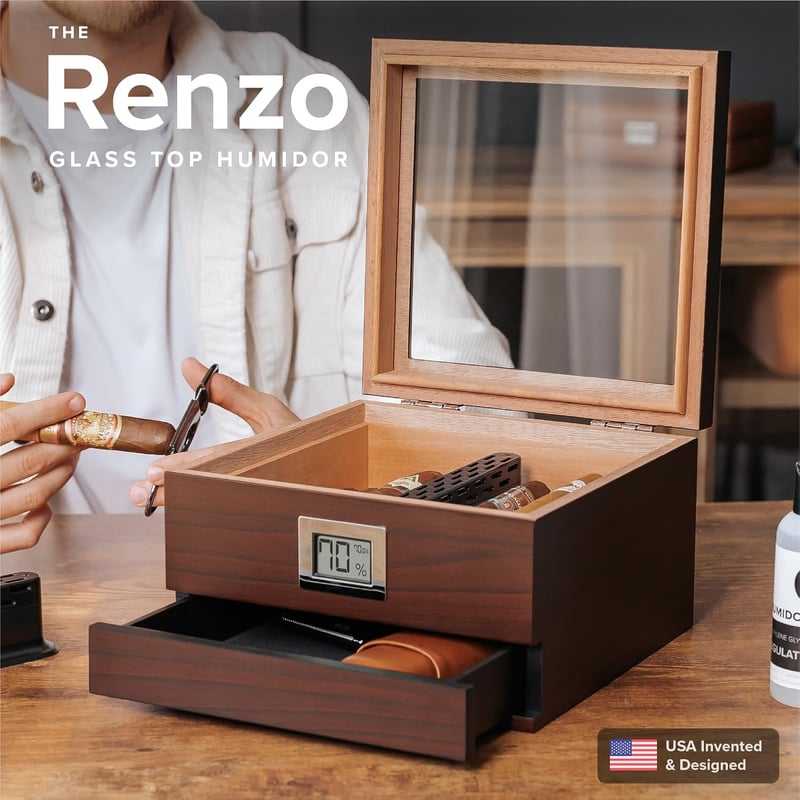 Humidor with Glass Top & Cedar, Digital Hygrometer