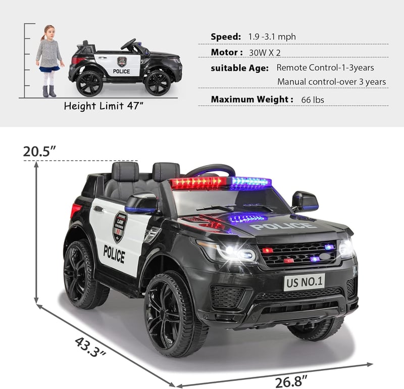 Police Car Electric Ride-On for Kids, Remote Control