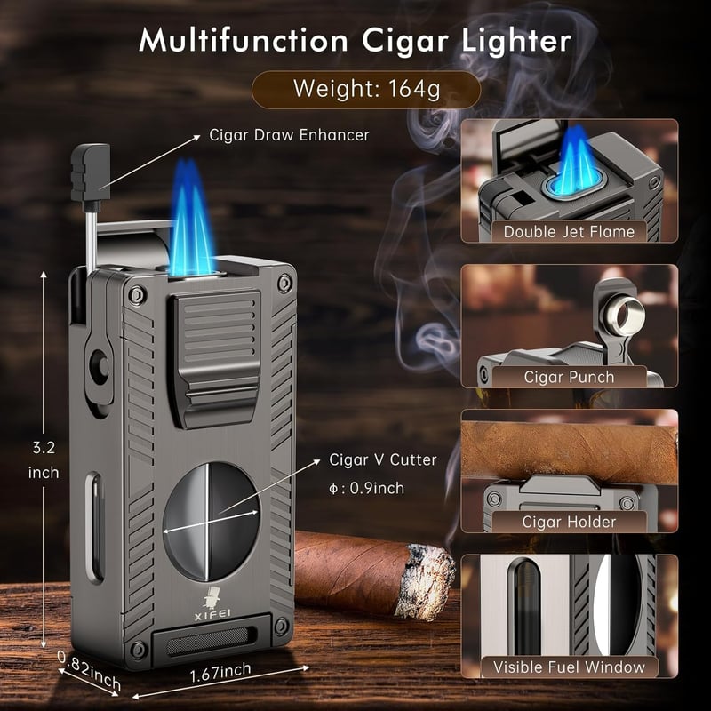 Cigar Lighter & Cutter Set - Refillable, Windproof Gift for Men