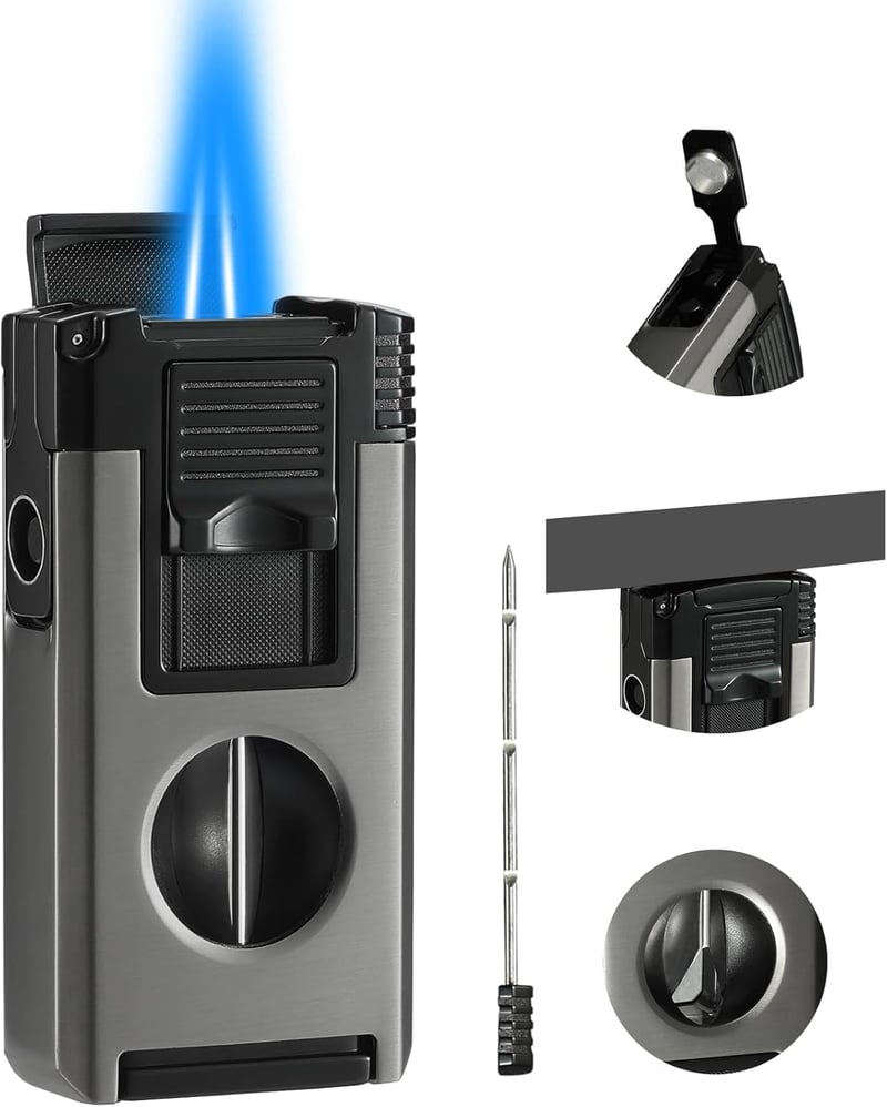 Jet Flame Torch Lighter with Cutter & Holder, Black/Grey
