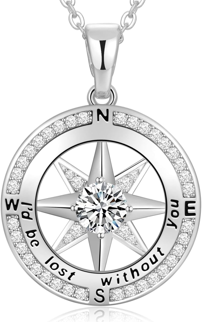 Birthday & Anniversary Compass Necklace, Sterling Silver Birthstone