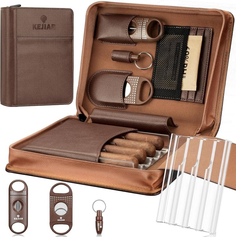 Cigar Humidor Gift Set: Portable Leather Case & Cutters