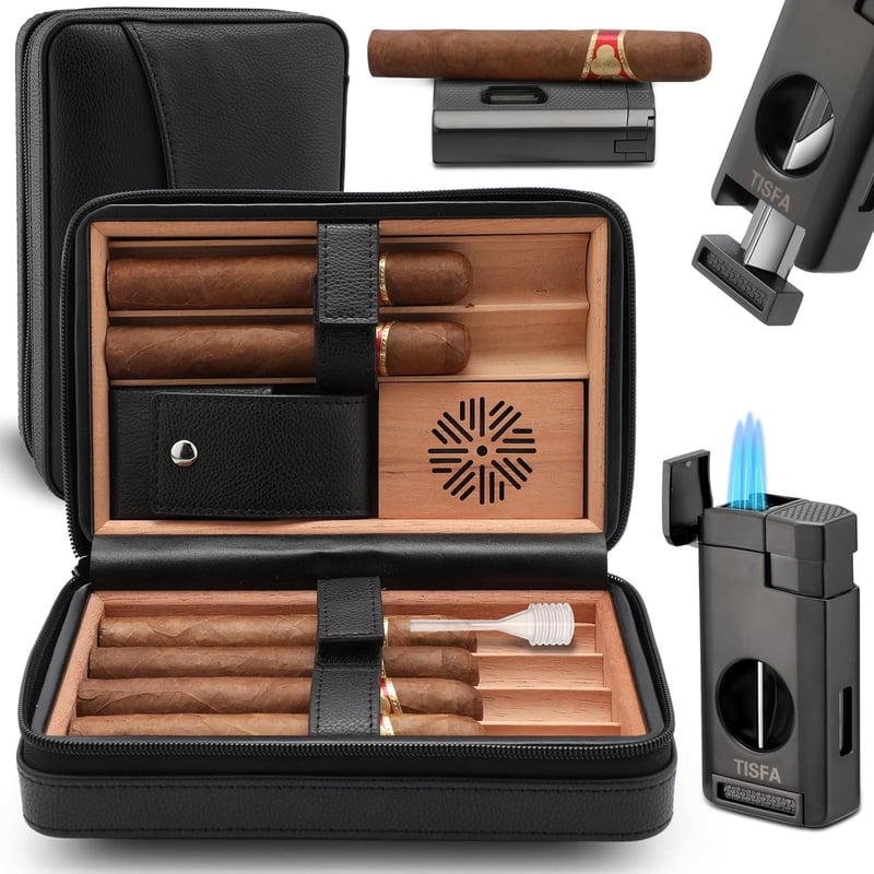 Travel Cigar Humidor with Lighter & Cutter, Black Leather