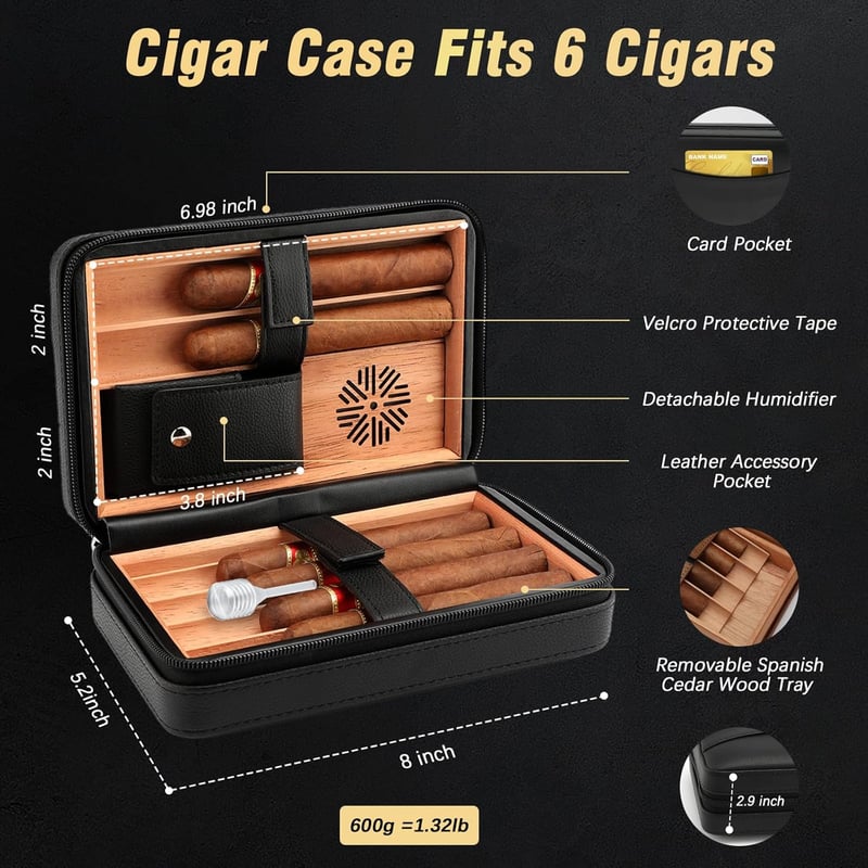 Travel Cigar Humidor with Lighter & Cutter, Black Leather