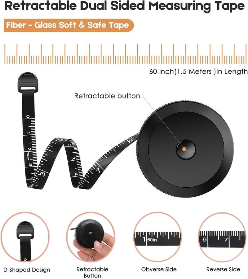 Tape Measure Set, 60-Inch Retractable & Soft, Pink/Black