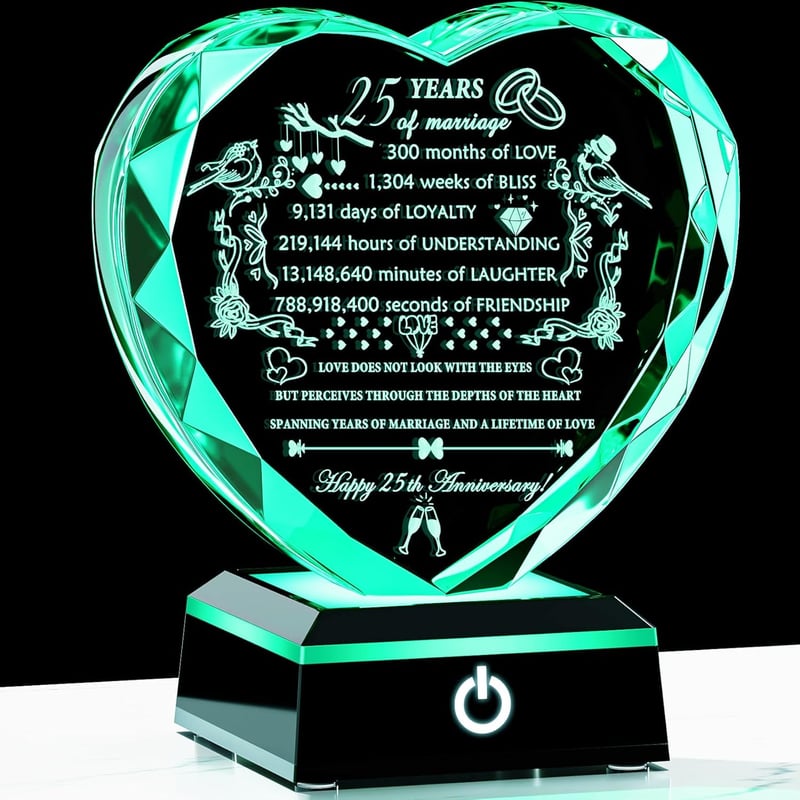 25th Anniversary Crystal Heart with LED Base for Couples