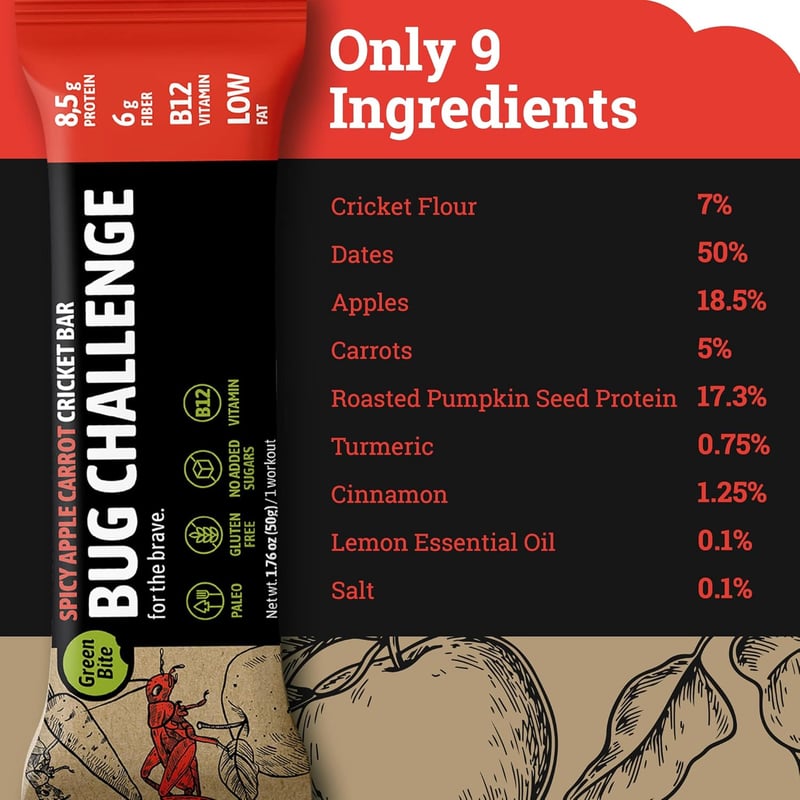 Cricket Protein Bars, Spicy Apple Carrot, Pack of 8