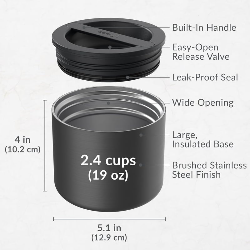 Insulated Stainless Steel Food Container, 19 oz, Leak-Proof Black