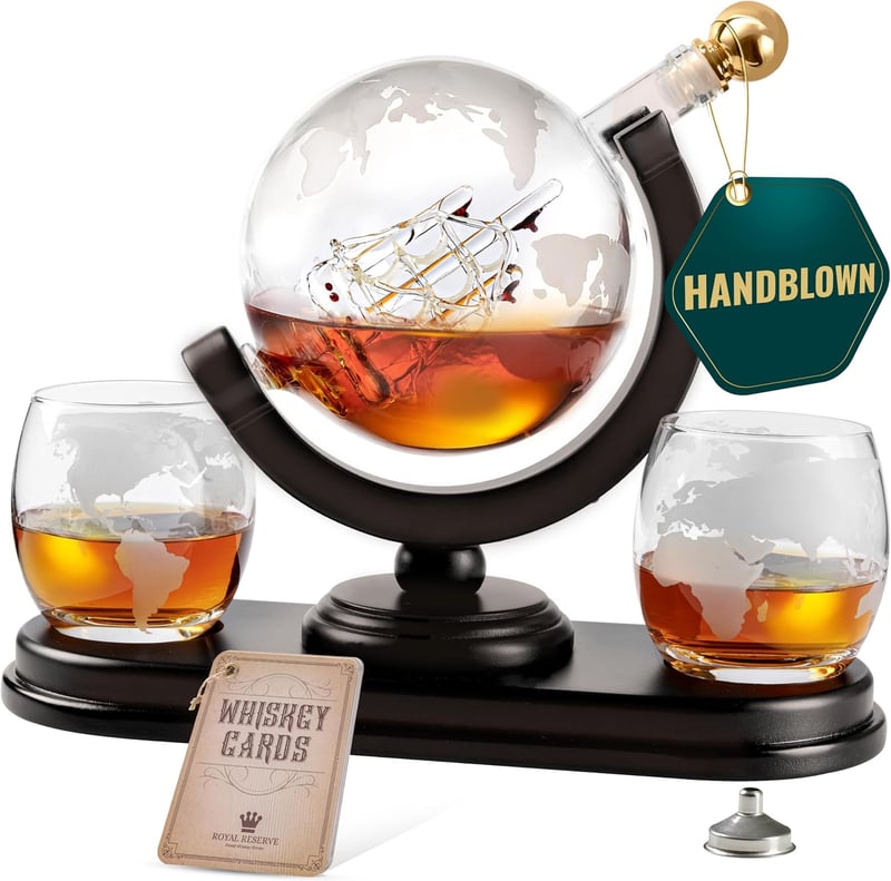 Whiskey Globe Decanter Set - Etched Map & Glasses