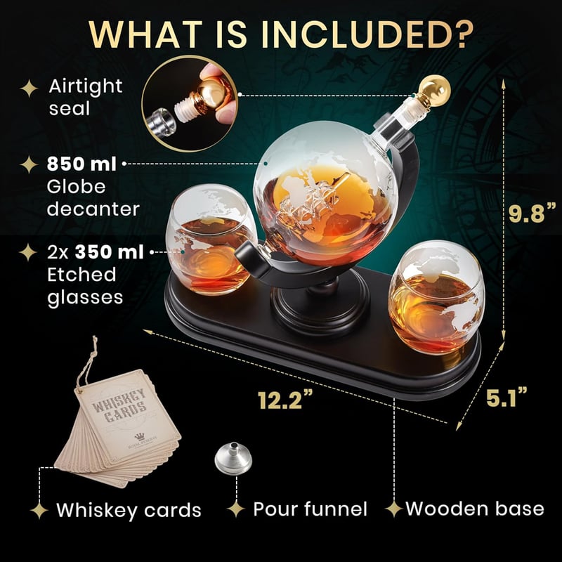 Whiskey Globe Decanter Set - Etched Map & Glasses