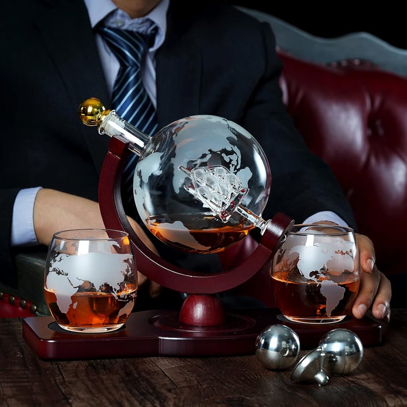 Father's Day Whiskey Decanter Globe Set with Glasses & Stones