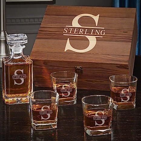Personalized Whiskey Decanter Set with Wood Box