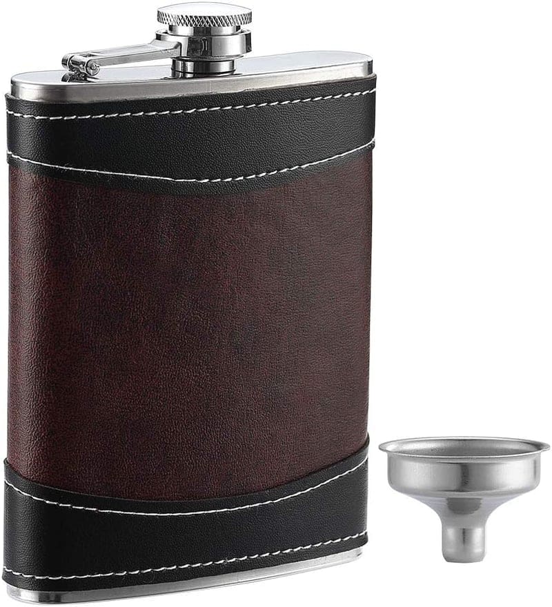 Leather-Wrapped Stainless Steel Hip Flask, 8 oz