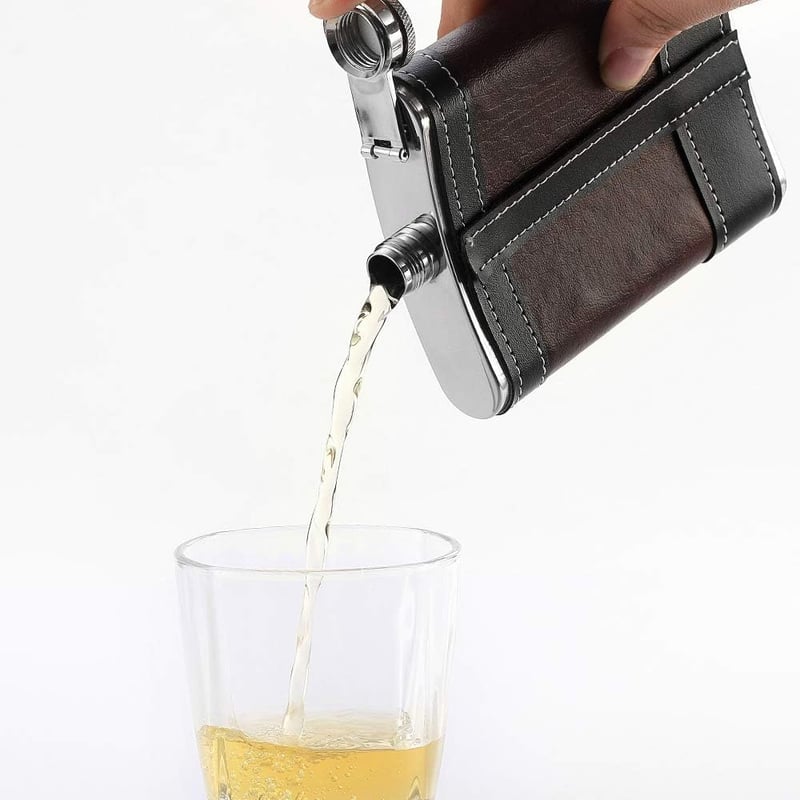 Leather-Wrapped Stainless Steel Hip Flask, 8 oz
