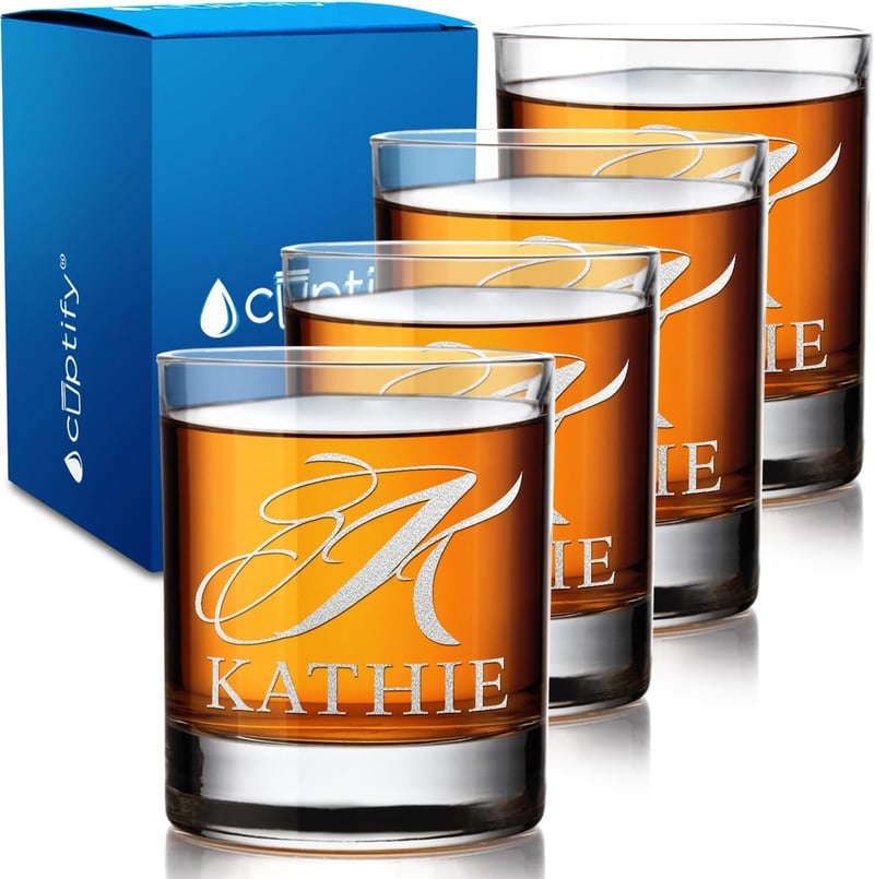 Custom Etched Monogram Whiskey Glasses, Set of 4