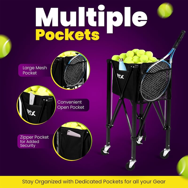 Pickleball Ball Hopper Cart with Storage, 150 Ball Capacity