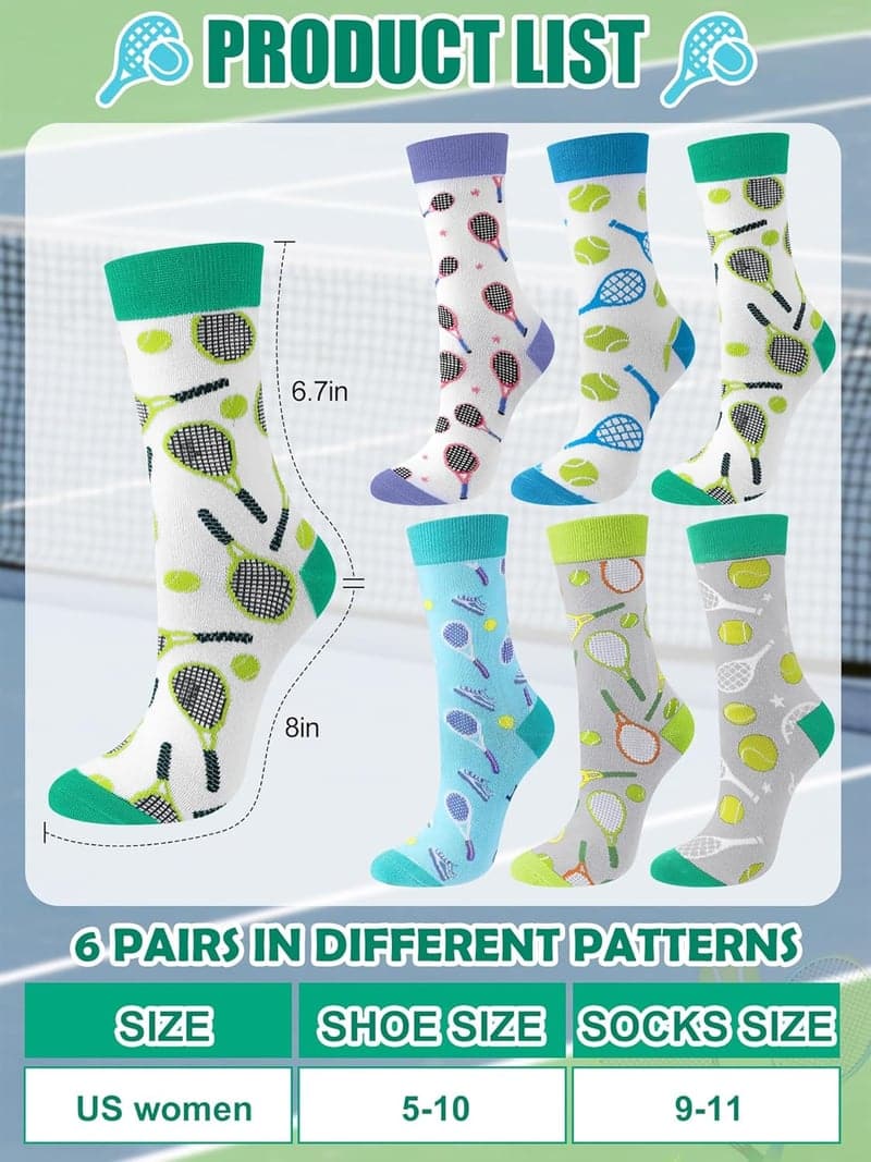 Tennis Lover Women's Funny Socks - 6 Pairs