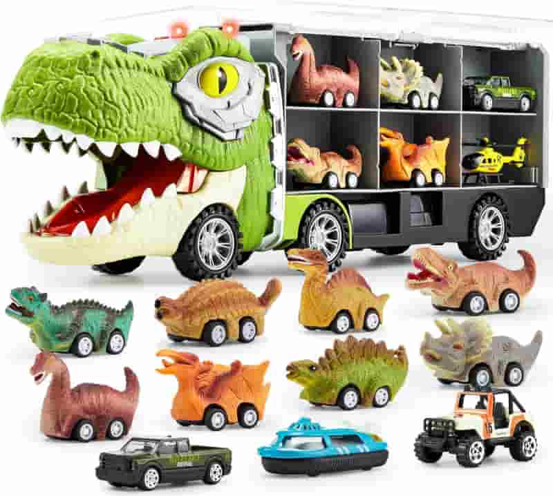 Dinosaur Truck with 12 Pull-Back Cars – Birthday Gift for Kids 3-5
