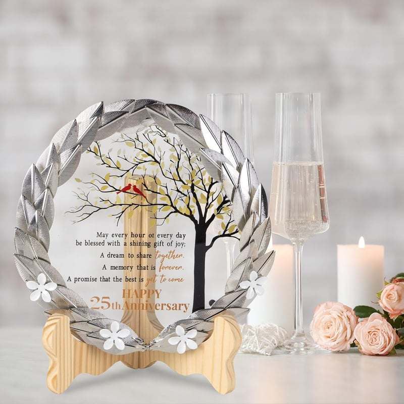 25th Anniversary Crystal Plate with Gold Leaf Wreath for Couples