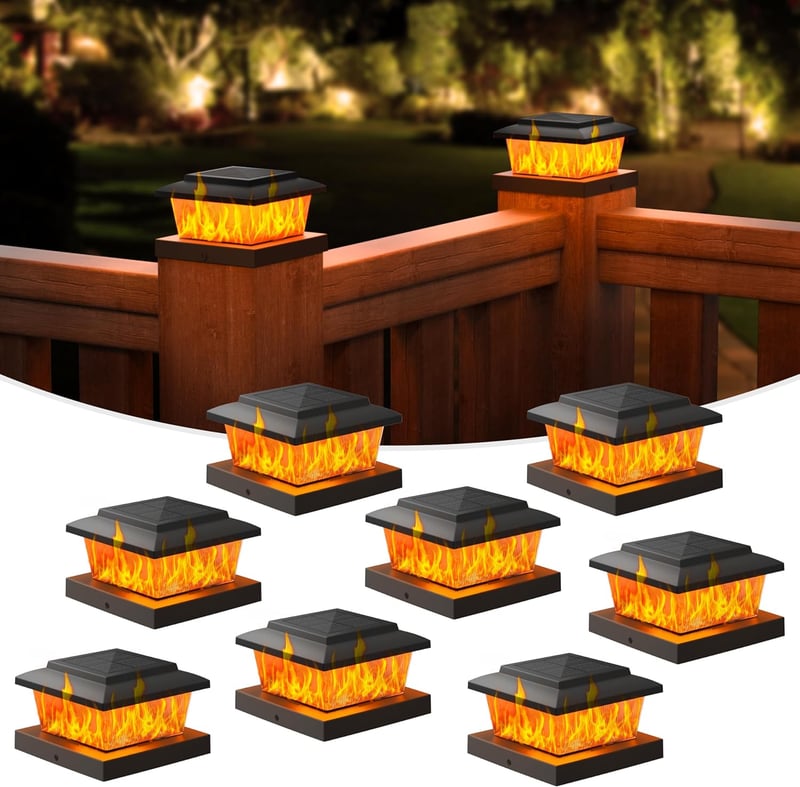 Solar Fence Post Cap Lights - 8-Pack Flame LED for 4x4 Posts