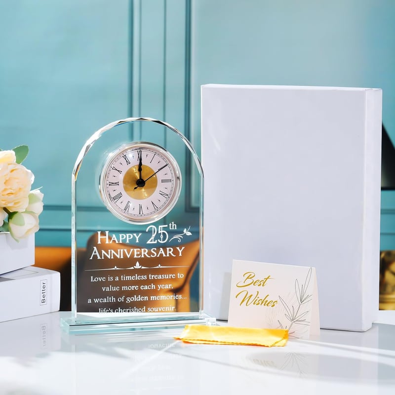 25th Anniversary Glass Clock Keepsake for Couples
