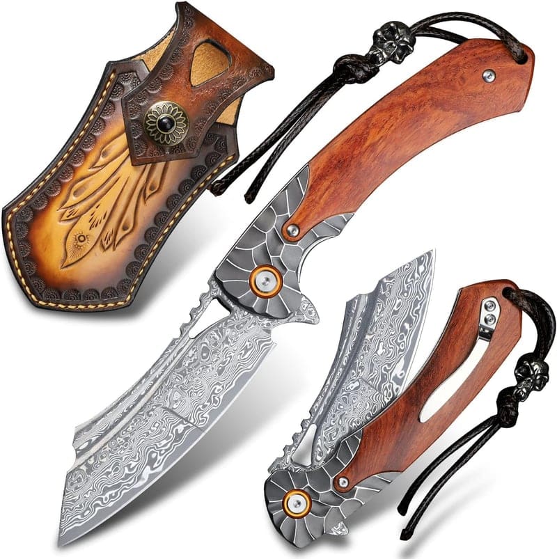 Damascus Steel Folding Knife, Rosewood Handle, EDC