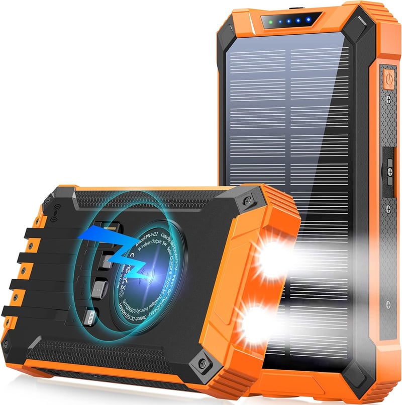 Solar Power Bank 36000mAh with 15W Wireless Charging, Built-in Cables, Dual Flashlights, and Carabiner.