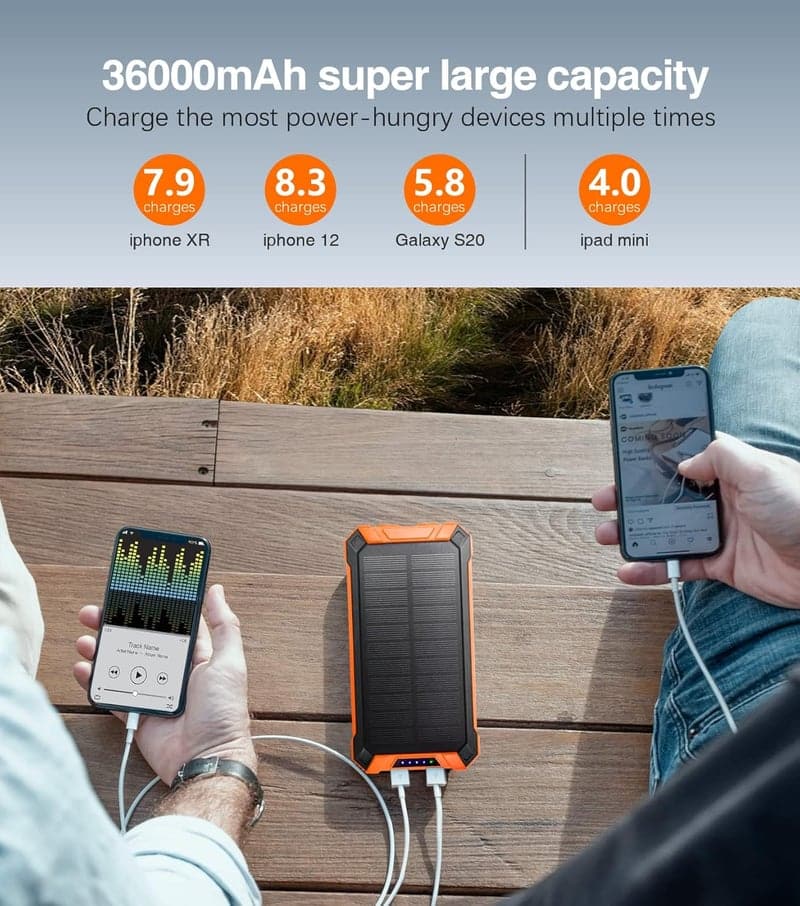 Solar Power Bank 36000mAh with 15W Wireless Charging, Built-in Cables, Dual Flashlights, and Carabiner.