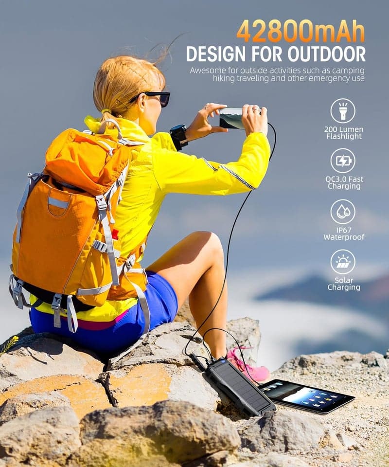 Solar Power Bank 42800mAh with Flashlight, Portable Fast Charger