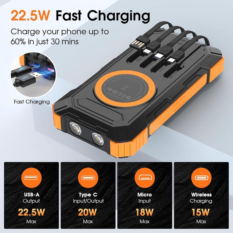 Solar Power Bank, 49800mAh Wireless Charger with 4 Cables