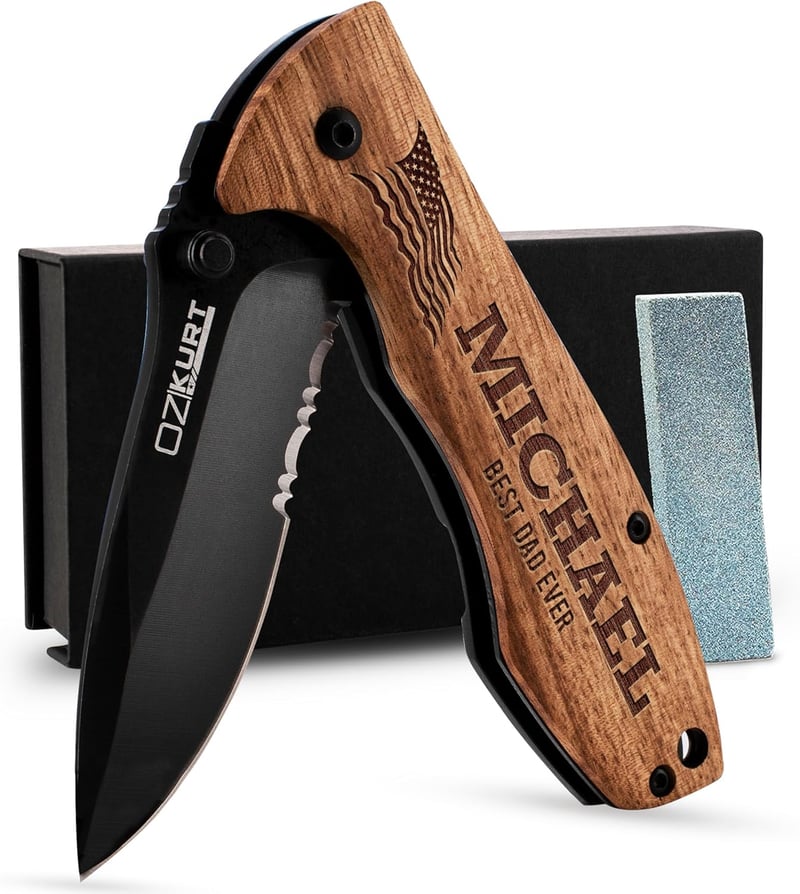 Engraved Oak Wood Pocket Knife for Men