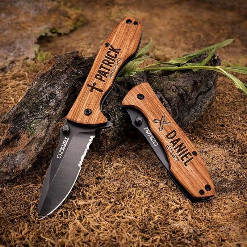 Engraved Oak Wood Pocket Knife for Men