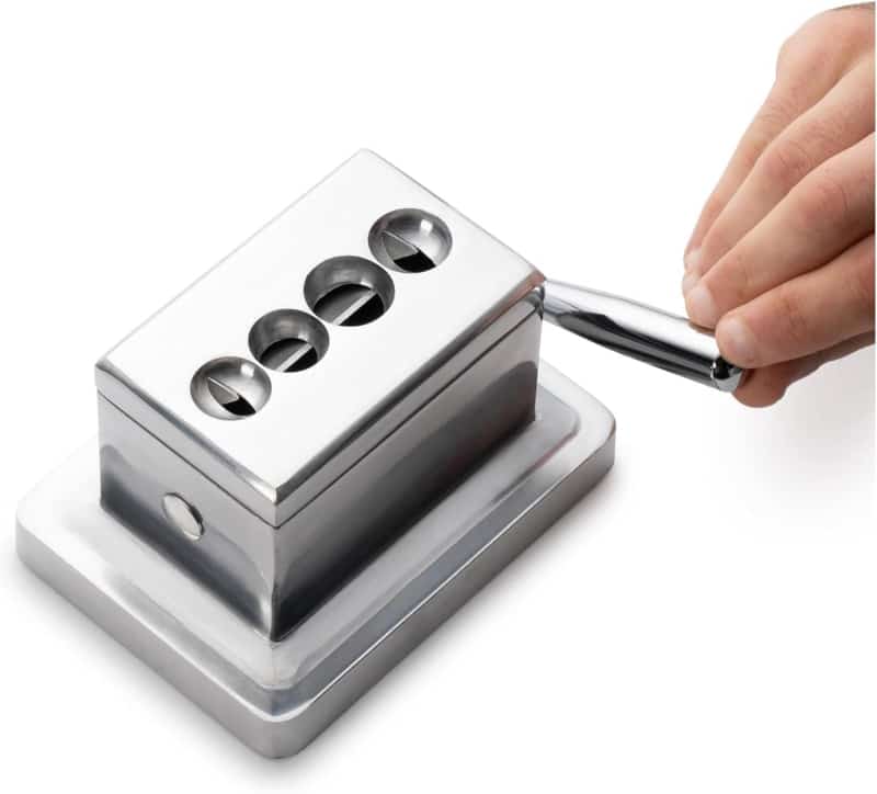 Tabletop Quad Cigar Cutter, Silver Brushed Finish, Straight & V-Cut