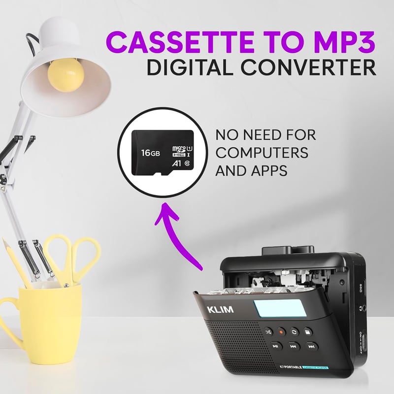 Cassette Player & MP3 Converter with Mic, Speaker, 16GB SD Card