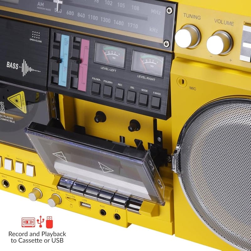 Retro Yellow Boombox CD Player with Cassette, Bluetooth & Radio
