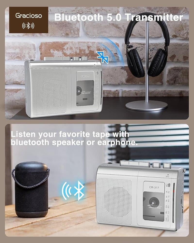 Portable Bluetooth Cassette Player with AM/FM, Speaker & Mic Input