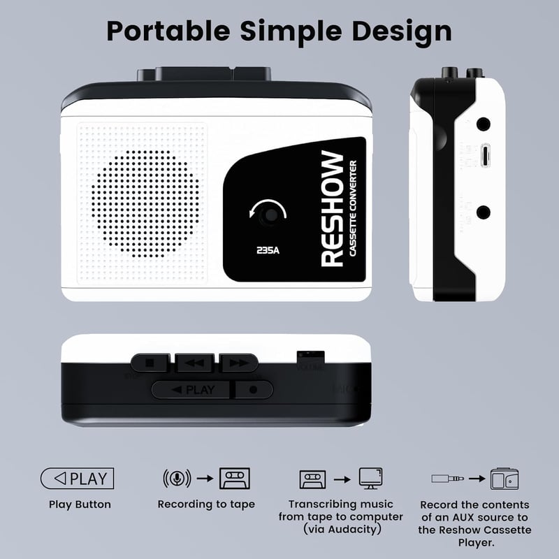 Portable Cassette Player & Recorder with USB MP3 Converter - White
