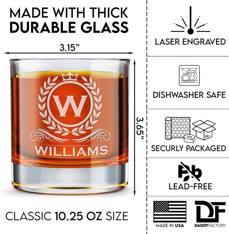 Custom Whiskey Glass, Engraved Monogram, 10.25 oz Gift for Men