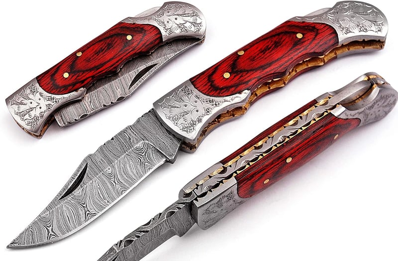 Damascus Steel Pocket Knife with Sheath for Men