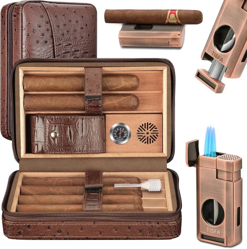 Portable Leather Cigar Case & Accessories Gift Set