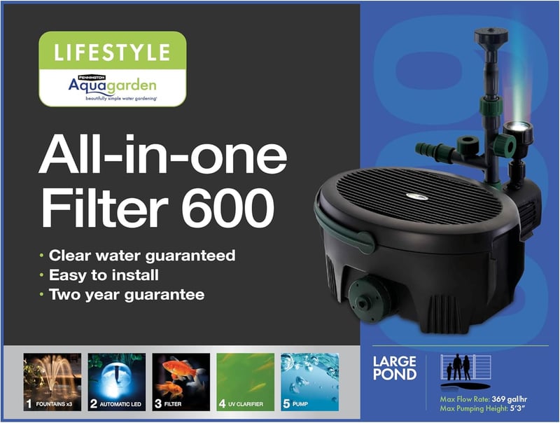 Inpond 5-in-1 Pond Pump with UV Filter & LED for 600-Gallon Ponds