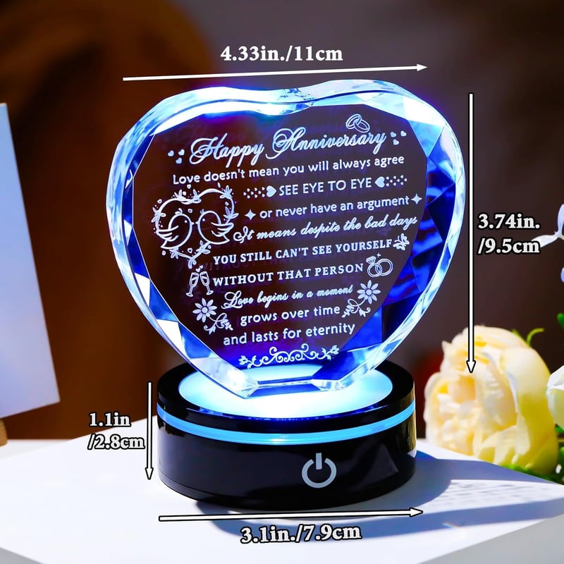 Wedding Anniversary Crystal Heart with LED Base for Couples