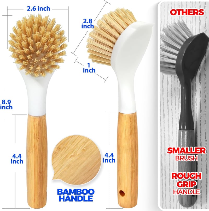 Dish Brush Set with Bamboo Handles - Tough Bristles for Pots & Pans