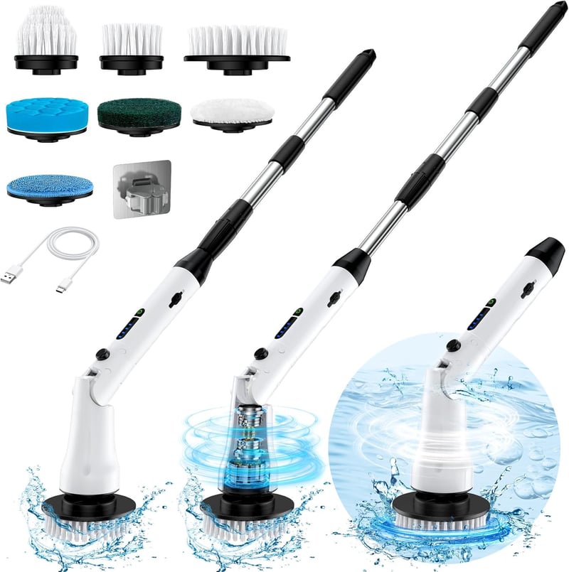Cordless Electric Spin Scrubber for Bathroom, IPX7 Waterproof with 7 Brush Heads