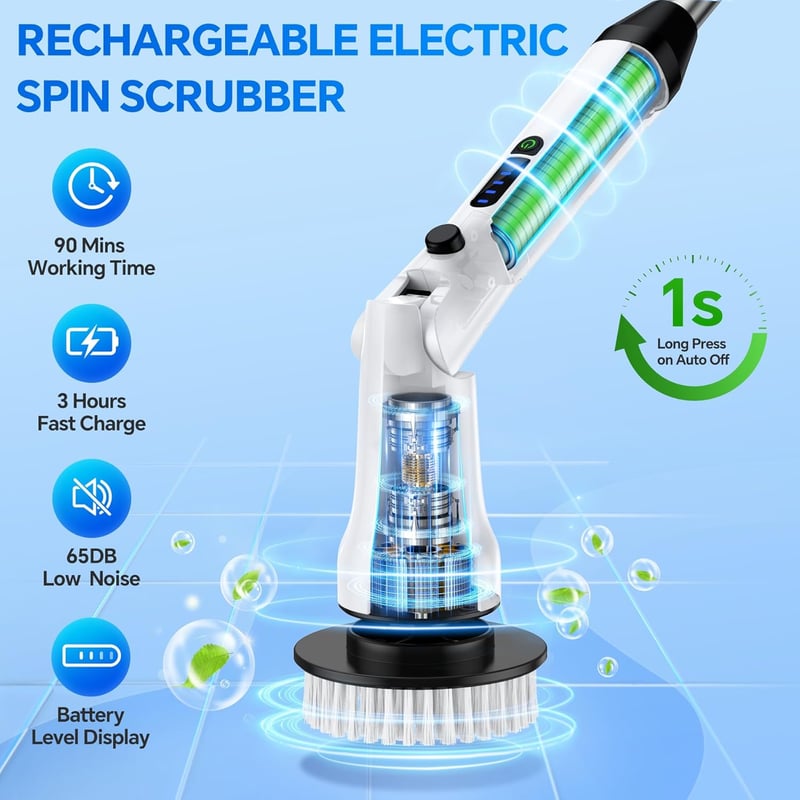 Cordless Electric Spin Scrubber for Bathroom, IPX7 Waterproof with 7 Brush Heads